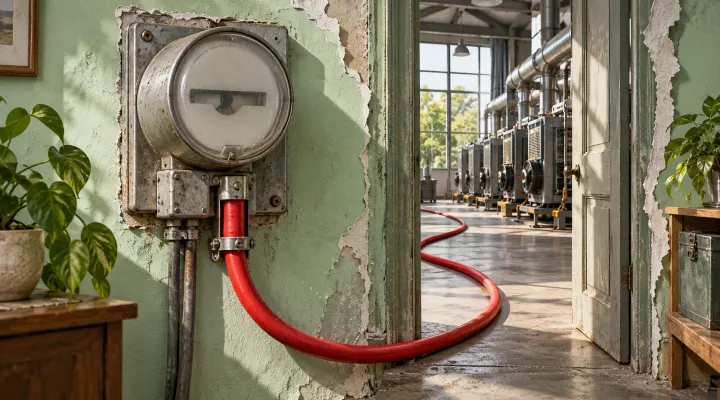 A weathered electricity meter feeds a thick red cable through an open doorway toward industrial machines.