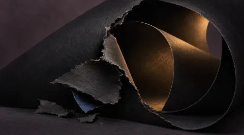 A torn flap and loose fragments on the outer layer of a sweeping black paper chamber, with an intact inner curl lit by warm amber light.