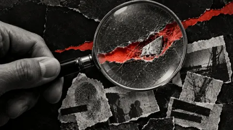 A silver magnifying glass reveals torn vermilion paper fibers and a metal fragment amid black paper and monochrome evidence scraps.