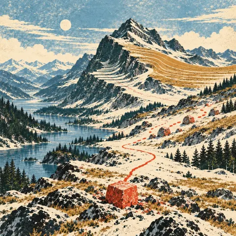 A woodcut alpine landscape combines layered mountain strata, similar marked stones and one square vermilion stone at the end of a red path.