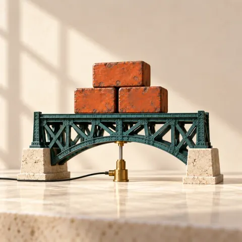 A miniature steel bridge supporting three orange weights, with a measurement probe beneath its span.